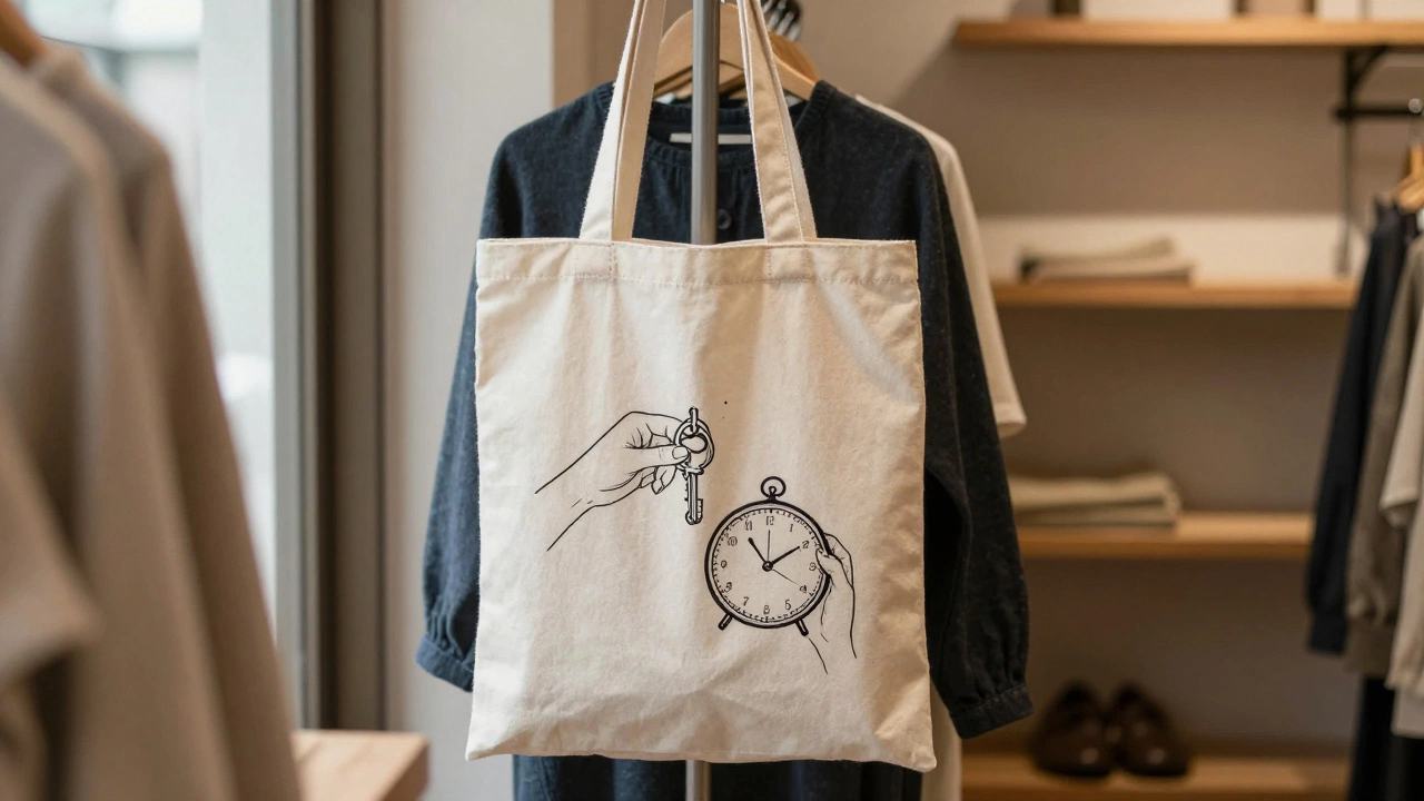 Minimalist line art of hands and clocks on a beige tote bag in a Tokyo boutique.