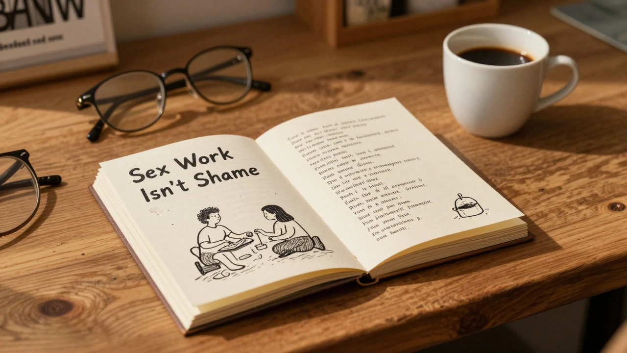 Stack of hand-printed zines titled &#039;Sex Work Isn&#039;t Shame&#039; on a wooden table in Berlin.